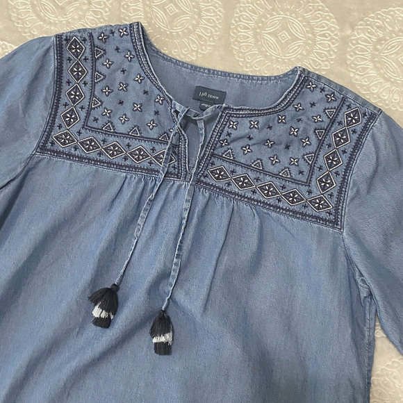 J Jill Denim Chambray Dress Womens Sz S Boho Embroidered Tassels 100% Tencel - Picture 6 of 9